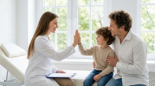 Supportive young female family therapist gives a high five to a little child boy visiting a clinic with parent.