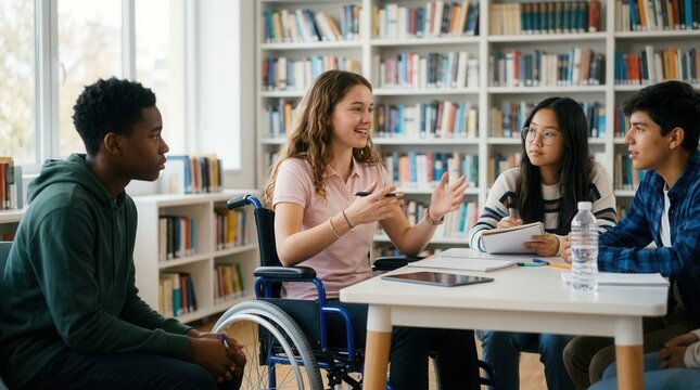 Diverse multiracial mates listening to a teenage girl student wheelchair user express ideas during a group discussion seminar at a library round table.