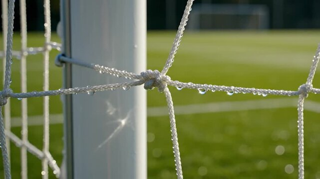 Close-up of soccer goal net with water droplets glistening in sunlight on green field