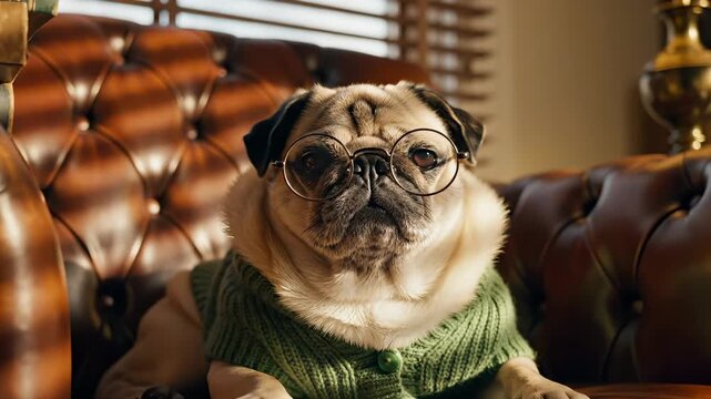 Pug wearing glasses sits on leather chair with green sweater in cozy library. Dog with glasses dressed in sweater on sofa. Pug in eyeglasses wearing sweater. Pet dog on leather furniture.