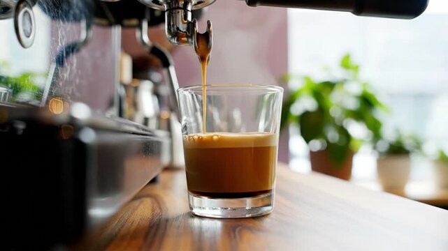 Espresso pouring into glass cup on wooden counter with plants in background, coffee machine visible