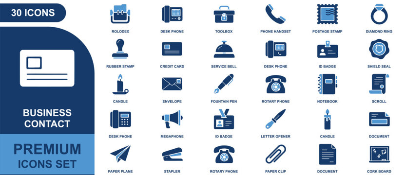 Set of 30 business and office icons, including rolodex, desk phone, id badge, fountain pen, and stationery symbols in blue and white