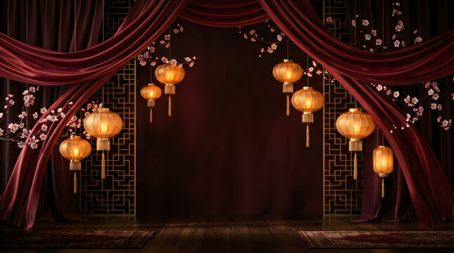 Traditional chinese stage background with glowing lanterns and dark red silk curtains hanging