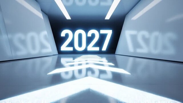 Year 2027 illuminated in a futuristic corridor with glowing white arrows on the floor for business growth.