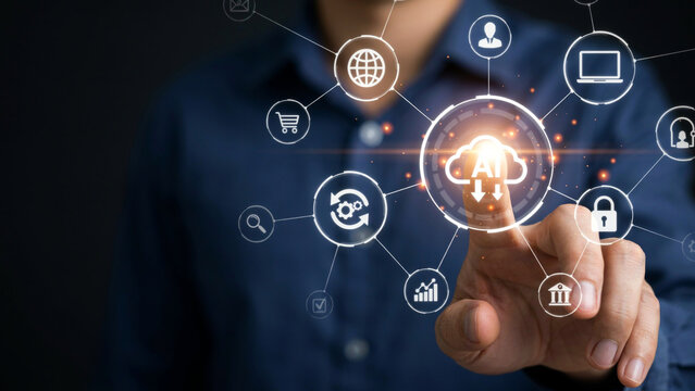 Man interacting with digital cloud computing interface featuring artificial intelligence icons for business technology integration.