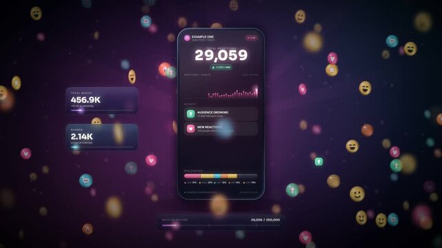 Social media analytics dashboard on smartphone with rising reaction counter and emoji icons