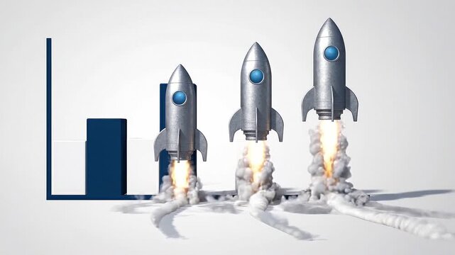 Three metallic rockets launch from a bar graph, illustrating growth and progress in a dynamic visual