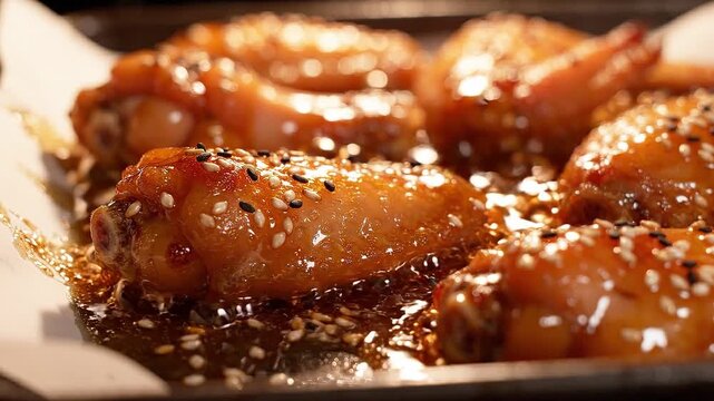Freshly glazed chicken wings with black and white sesame seeds are baking inside a professional kitchen oven.
