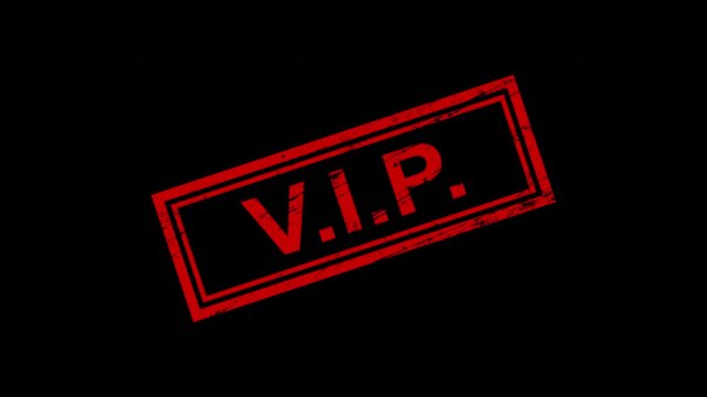 Red v.i.p. rubber stamp impression on black background, grunge style text animation for exclusive access and membership concepts