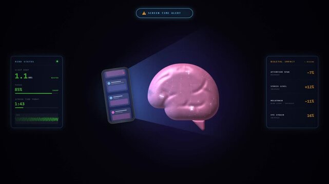 Screen time infographic with human brain and smartphone showing digital overload and stress data