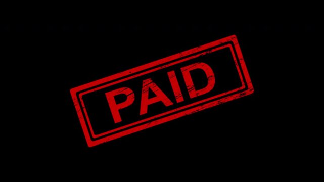 Red paid rubber stamp animation on black background, grunge texture business approval sign seal