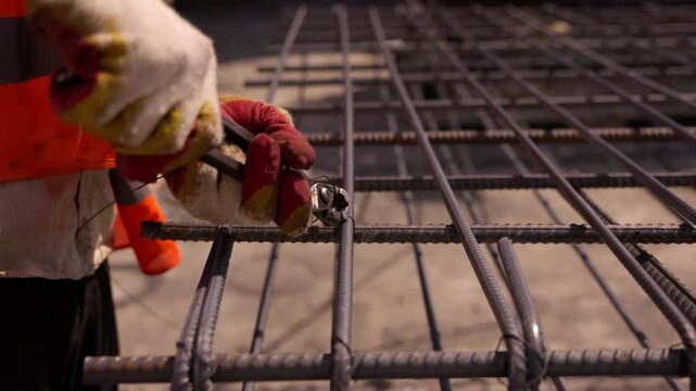 Construction worker tying steel reinforcement bars with binding wire