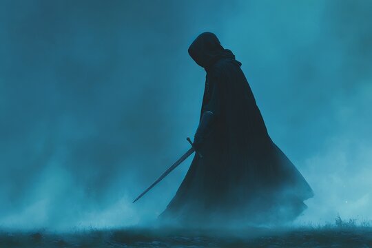 Shadowy knight in black cloak wields sword, symbolizing darkness and mystery in fantasy art