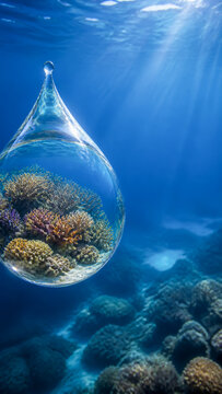 水滴の中に広がる美しいサンゴ礁と海洋生態系と環境保全のイメージ