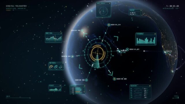 Orbital telemetry interface with radar target scanning Earth from space and mission data panels