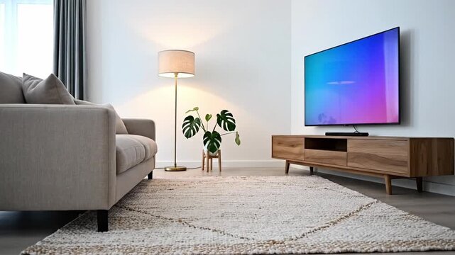 Modern living room with sofa, lamp, plant, and television displaying colorful gradient on wall