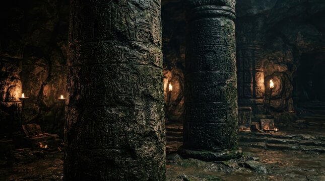 Ancient stone pillars with hieroglyphics inside a dark mystical cave