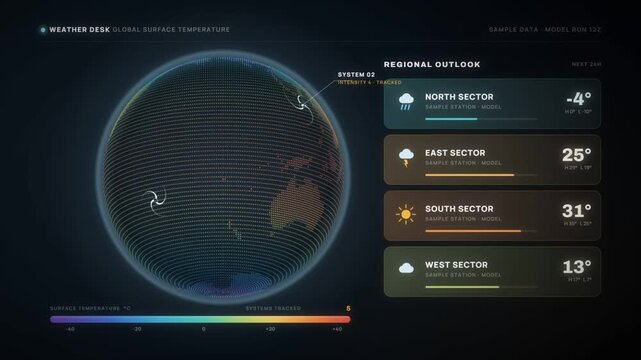 Weather dashboard with rotating globe showing surface temperature map and regional forecast cards