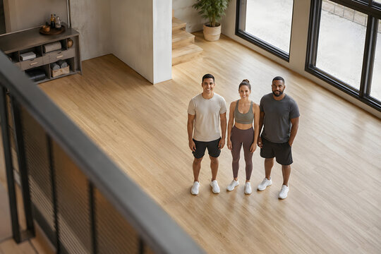 Three diverse adults with different heights and body types standing together in a modern wellness studio, viewed from above with geometric floor lines and generous copy space.
