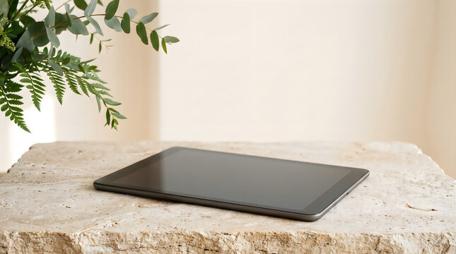 Modern digital tablet lying on a stone table with green leaves in a bright indoor room
