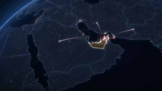 UAE global network map animation with glowing connection lines on night Earth from space