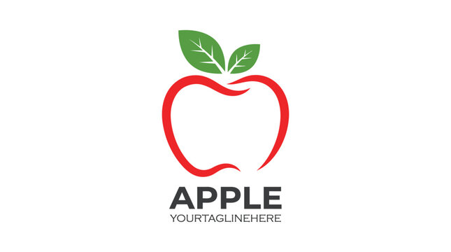 Red apple outline logo design featuring two green leaves with a modern clean flat style
