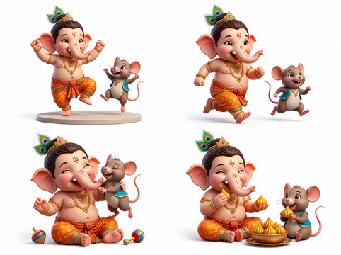 Cute Baby Ganesha Playing With Mouse and Sharing Modak - Indian Hindu Festival Illustration