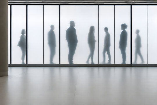 Diverse adult silhouettes behind frosted glass in a modern public space, symbolizing population health, privacy, demographics, social research and anonymous health data.
