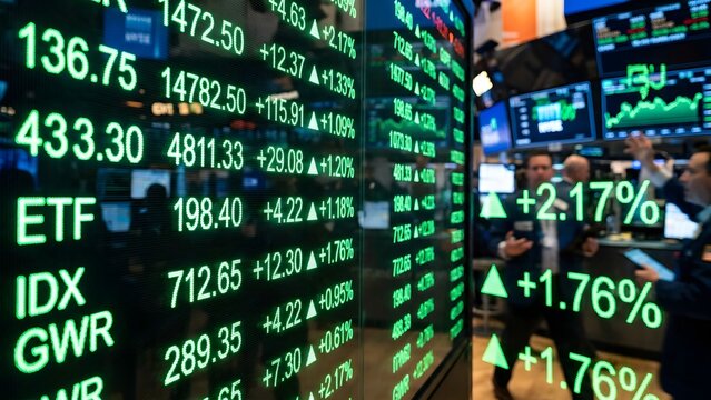 Digital display of stock market tickers with glowing green numbers and graphs, traders in the background, concept of financial trading