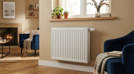 Obraz premium Modern white radiator mounted on a beige wall in a cozy living room interior