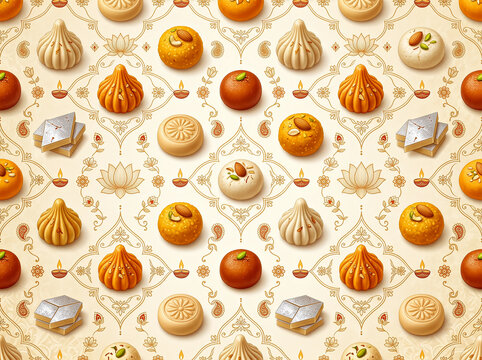 Diwali Indian Sweets Pattern Wallpaper With Traditional Mithai and Decorative Diyas for Festival Celebrations