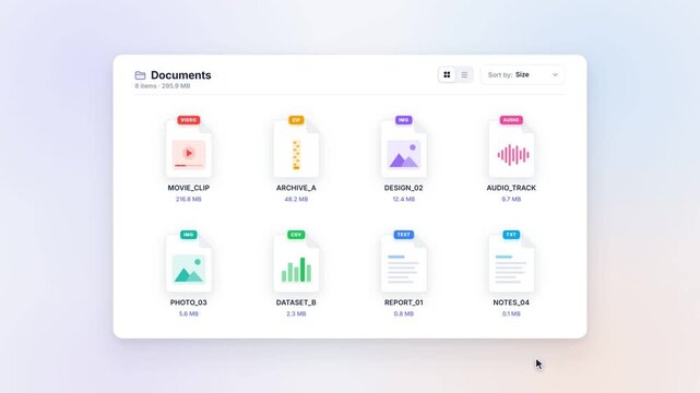 File manager interface animation with documents reordering as the sort by menu changes