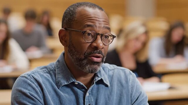 A mature African American man wearing glasses explains a complex topic to students in a lecture hall.