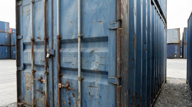 Old weathered blue cargo shipping container with rusty locking bars and padlock