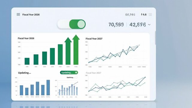 Digital dashboard showing fiscal year financial performance analysis with interactive bar charts and trend line graphs display.