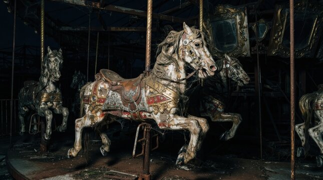 Old weathered carousel horses in an abandoned amusement park at night