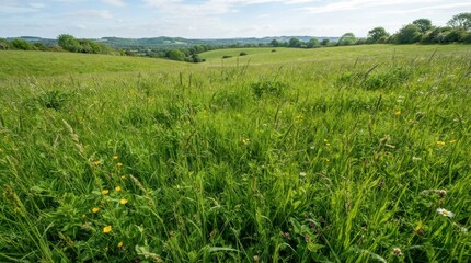 Obraz premium Lush green meadow landscape with rolling hills and wildflowers