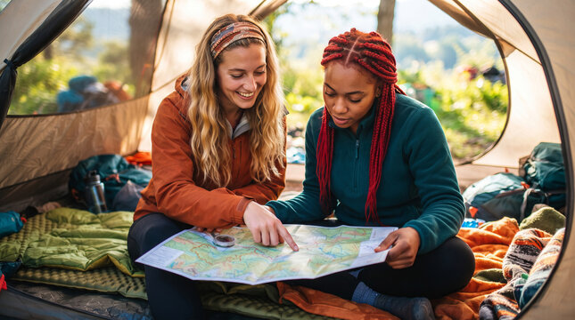 Two women hikers looking at paper map with compass inside camping tent. Friends planning hiking route during outdoor adventure trip. Tourism, travel and wilderness exploration concept