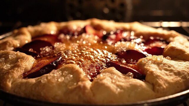 A rustic plum galette baking inside a hot oven with bubbling fruit filling and coarse sugar topping for a tasty dessert meal.
