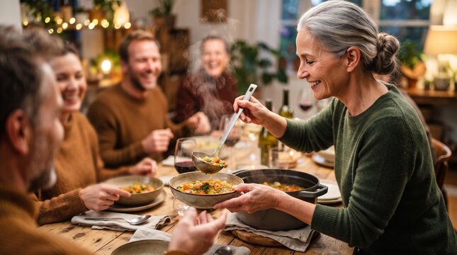 Senior woman serving hot vegetable soup to happy family at rustic dinner table. Cozy home gathering with warm food and wine. Togetherness, hospitality and family dinner celebration concept