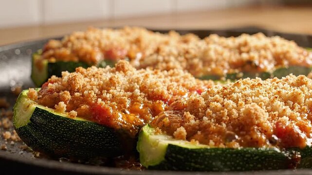 Fresh stuffed zucchini boats prepared with savory tomato sauce and crispy golden breadcrumbs sitting in a dark metal pan.
