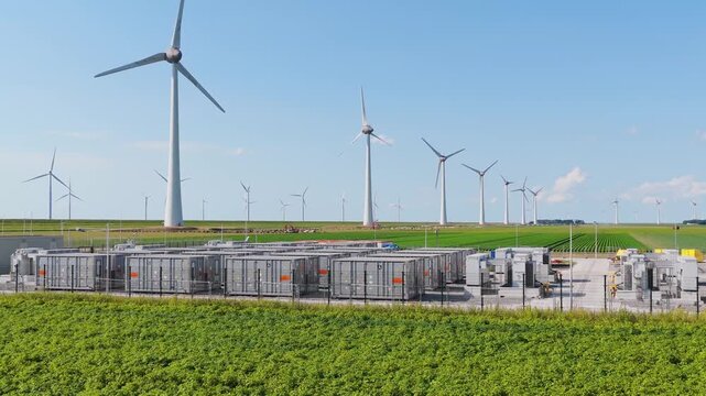 Aerial view of battery energy storage system facility next to wind turbines. Industrial lithium battery system for renewable power plant and grid management.
