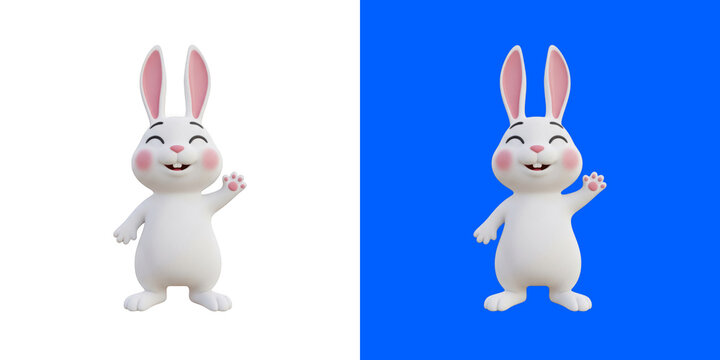 Cute cartoon rabbit waving hand on split white and blue background transparent png