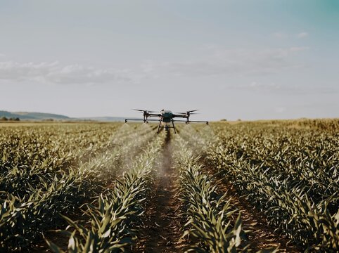 Drone sprays cornfield with precision farming technology under clear sky