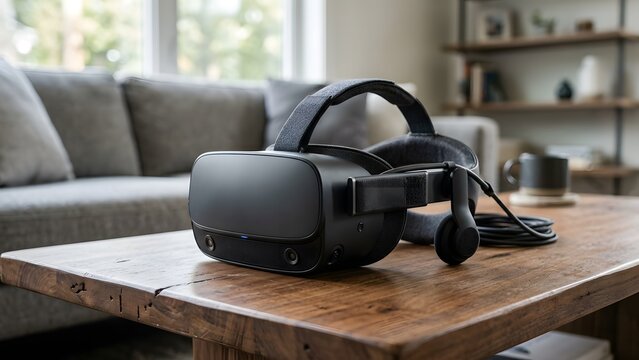 Virtual reality headset resting on a wooden coffee table in a modern living room