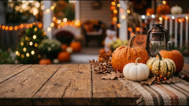 Assorted pumpkins and lantern arranged on rustic wooden table on porch. Warm autumn evening celebration with cozy seasonal atmosphere. Halloween 2026 festive holiday design and spooky.