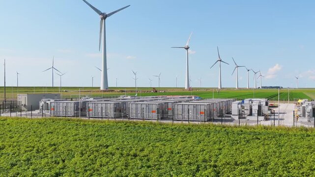 Aerial view of battery energy storage system facility next to wind turbines. Industrial lithium battery system for renewable power plant and grid management.