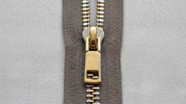 Close-up of a metal zipper on fabric