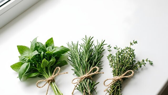 Three bunches of fresh herbs, basil, rosemary and thyme, tied with twine on a white surface