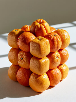 A perfect cube made of ripe oranges and square shaped tangerines stacked together under harsh sunlight, casting graphic shadows on a white surface